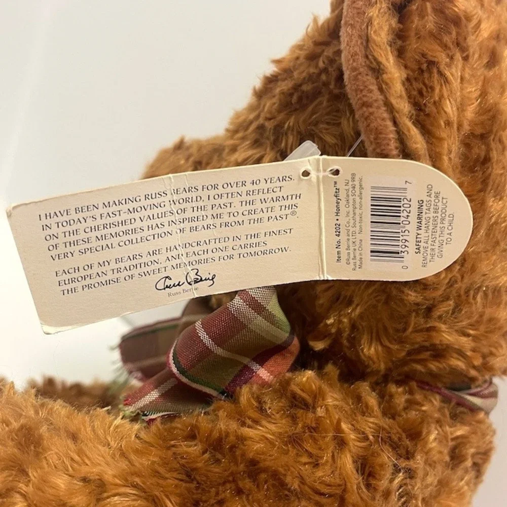 Russ Berrie Honeyfitz Teddy Bear Plush Toy Brown Plaid Bow With Tags Vintage